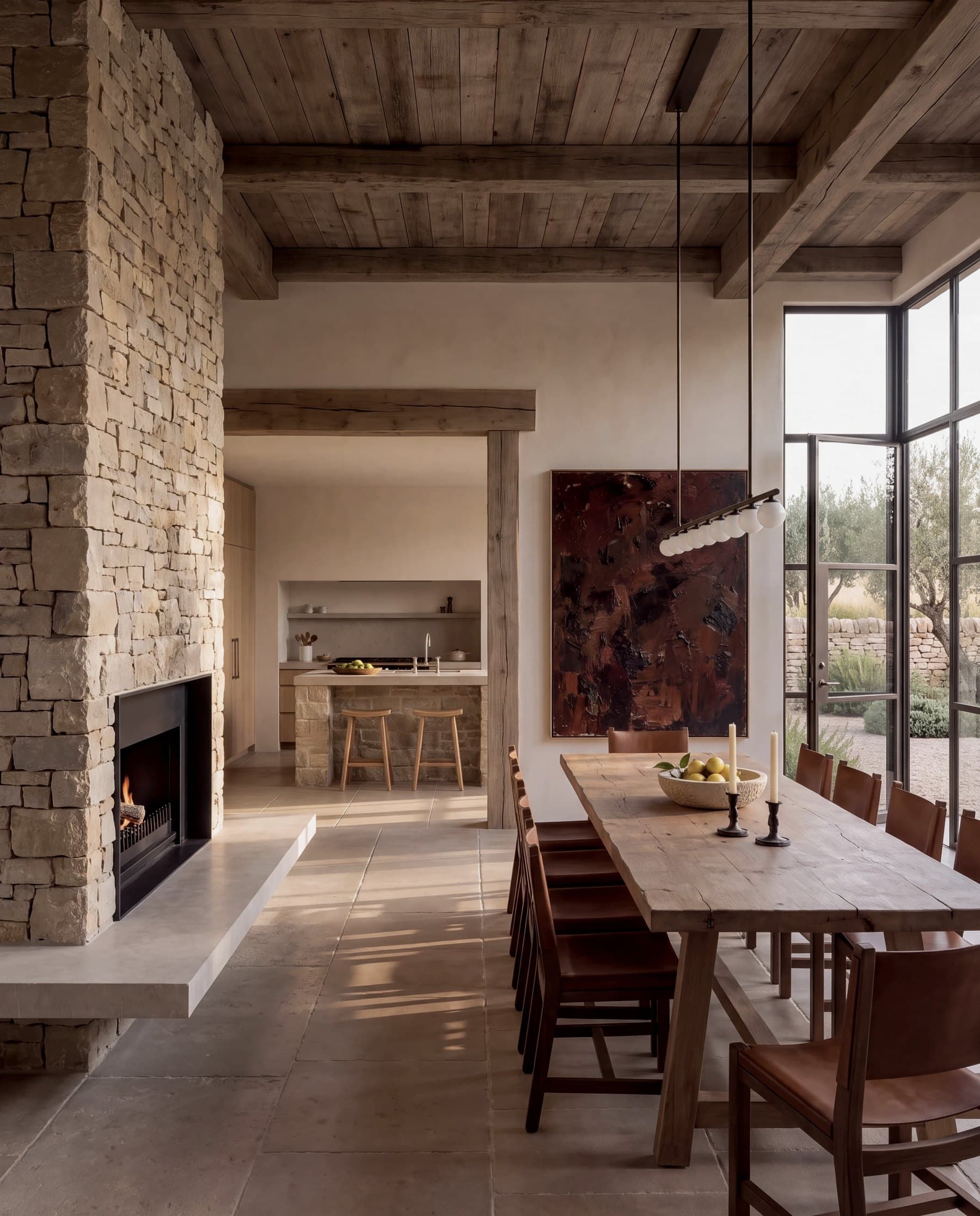Dining room with a long oak table, leather chairs and an oxblood painting beside the shared stone fireplace