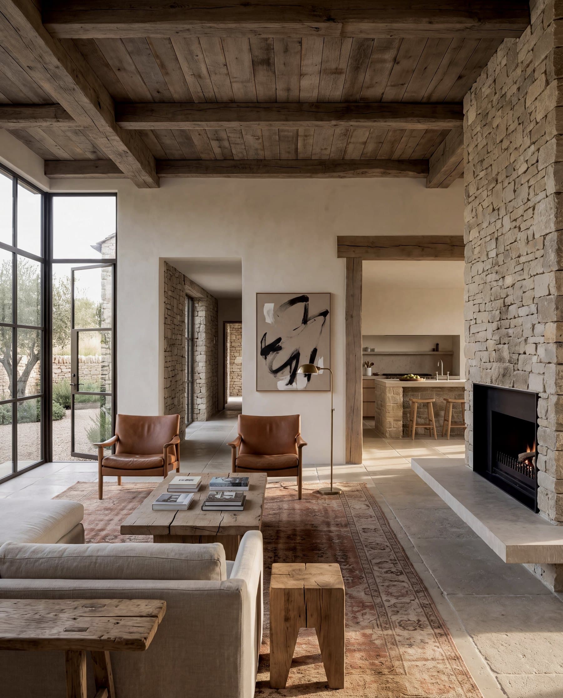 Living room with a rubble limestone fireplace, oak beamed ceiling, linen sofa and two cognac leather chairs, looking through to the kitchen