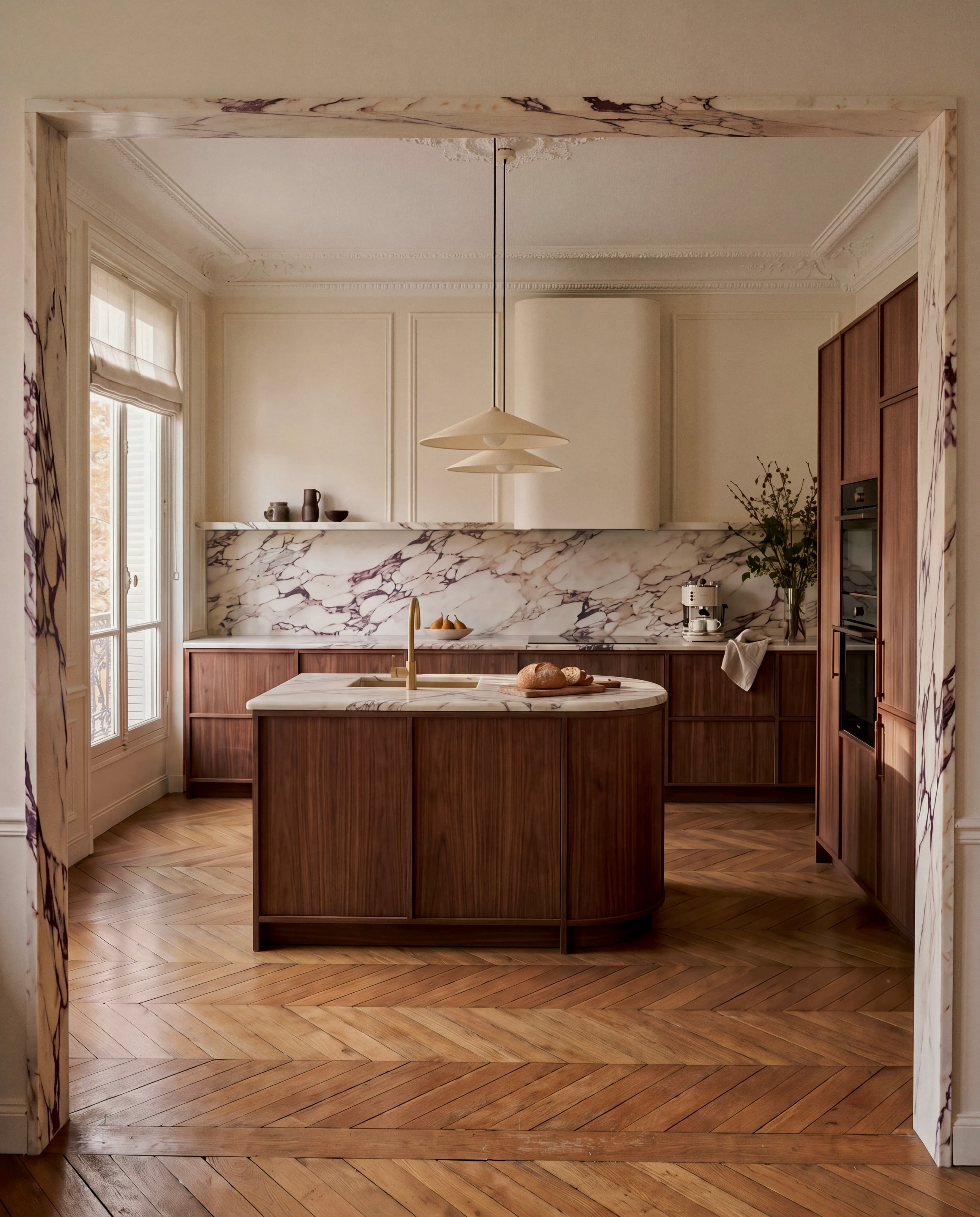 Walnut kitchen with a marble backsplash and island on herringbone oak floors, seen through a marble portal