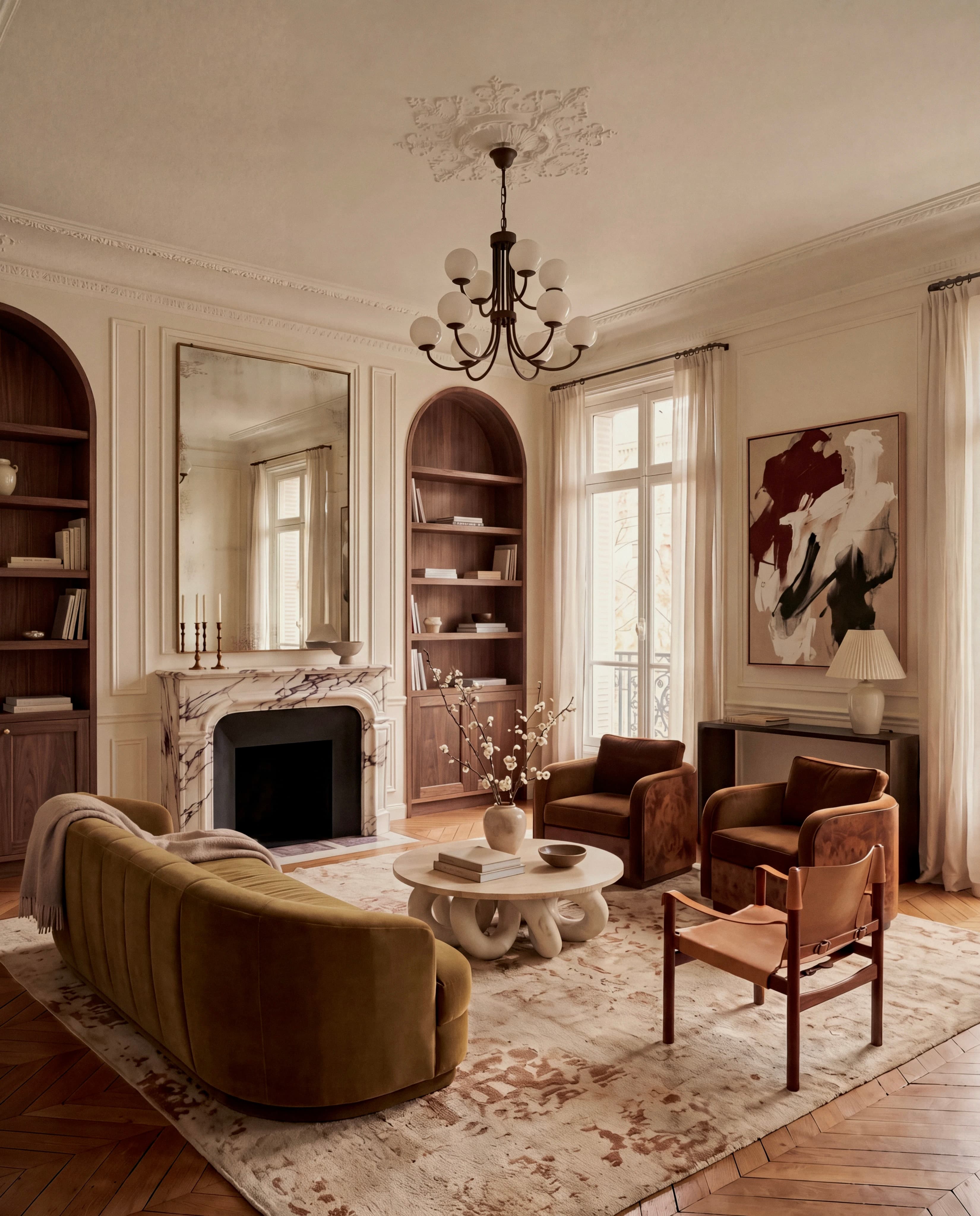 Parisian living room with a marble fireplace, arched bookcases, an olive curved sofa and an abstract painting